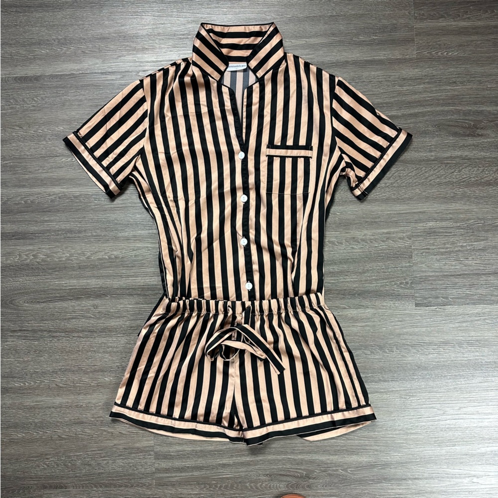 Final Sale: Satin Striped Short Sleeve Pajamas Set Shorts Button-Up
